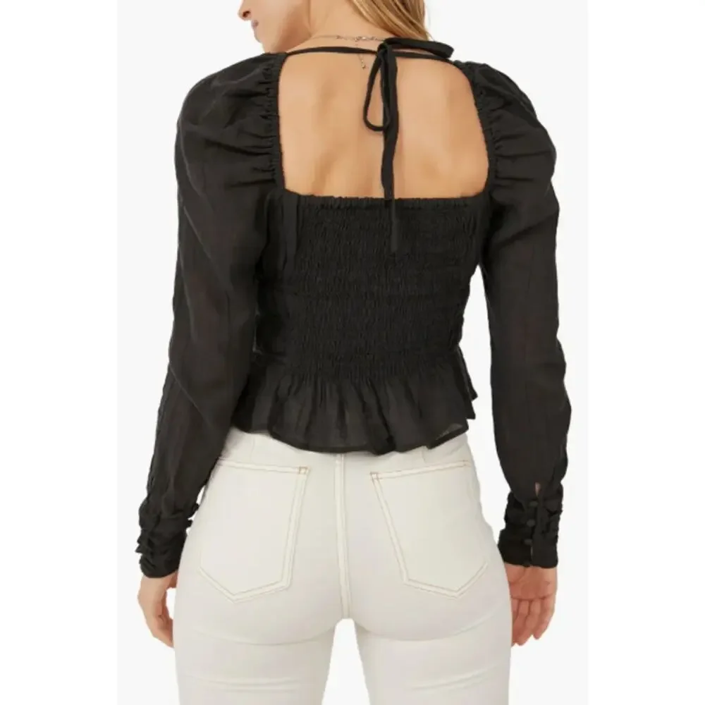 Free People Chloe Top Sweetheart Ruffle Smocked Puff Sleeve Blouse NWT